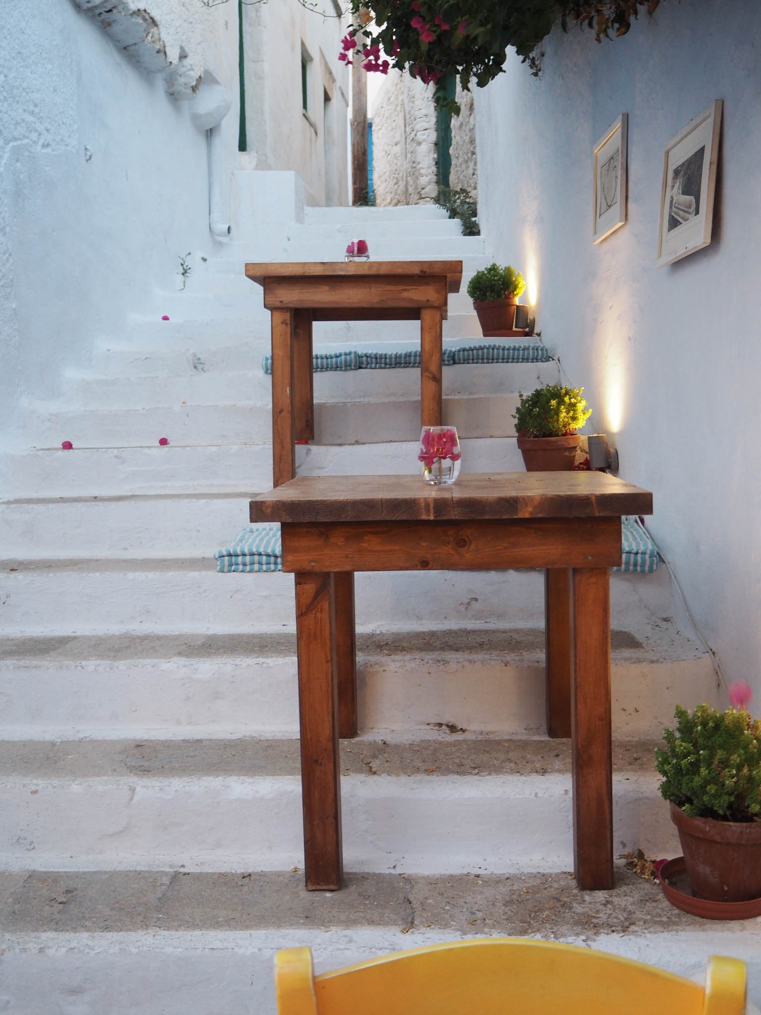 Amorgos Chora evening tables steps