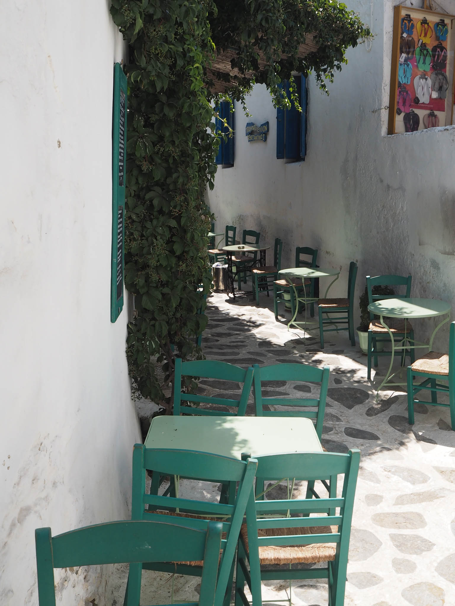 Amorgos Chora turquoise tables