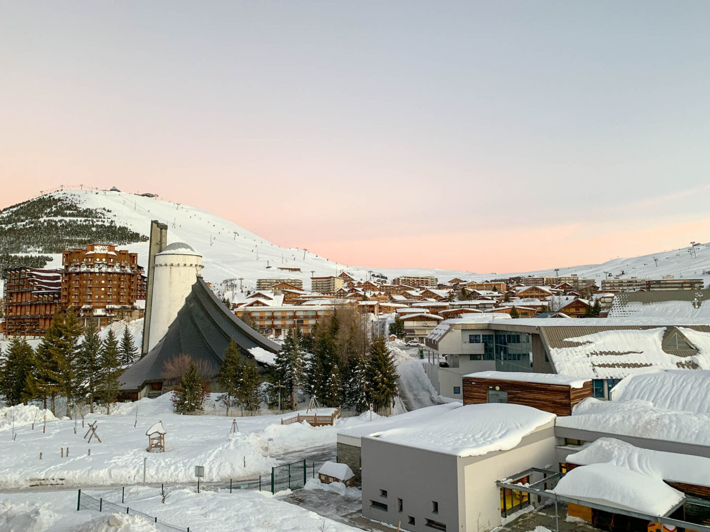 Alpe d Huez church view sunrise