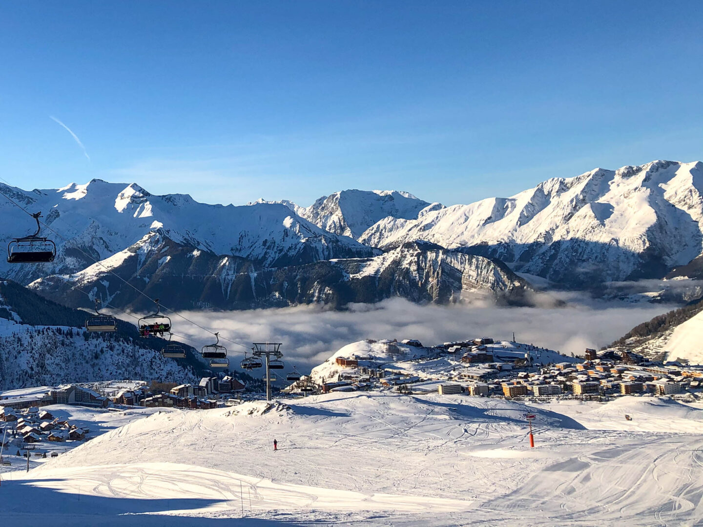 Alpe d Huez ski resort fog