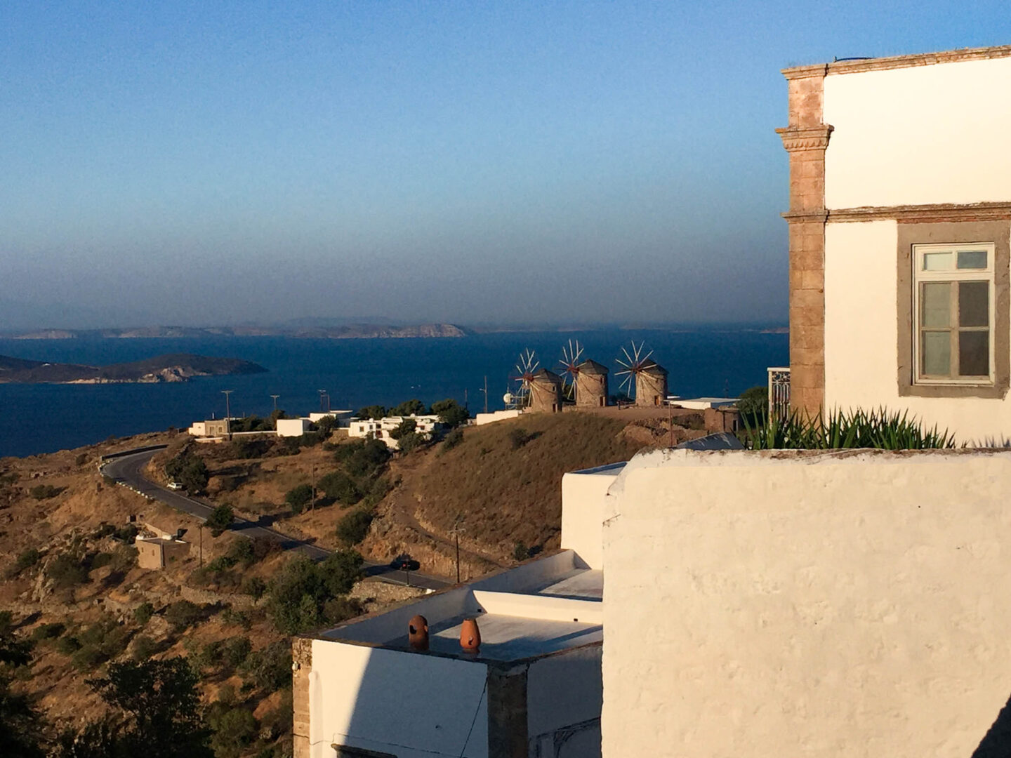 Patmos Greece windmills view