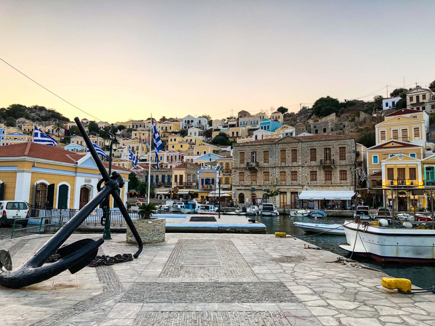 Symi Greece port anchor flags