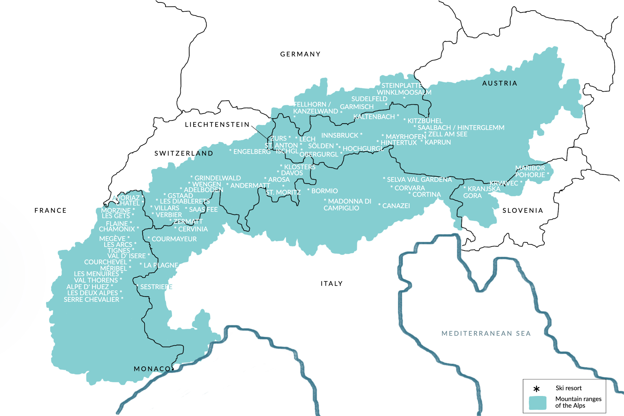 Map of ski resorts in the Alps