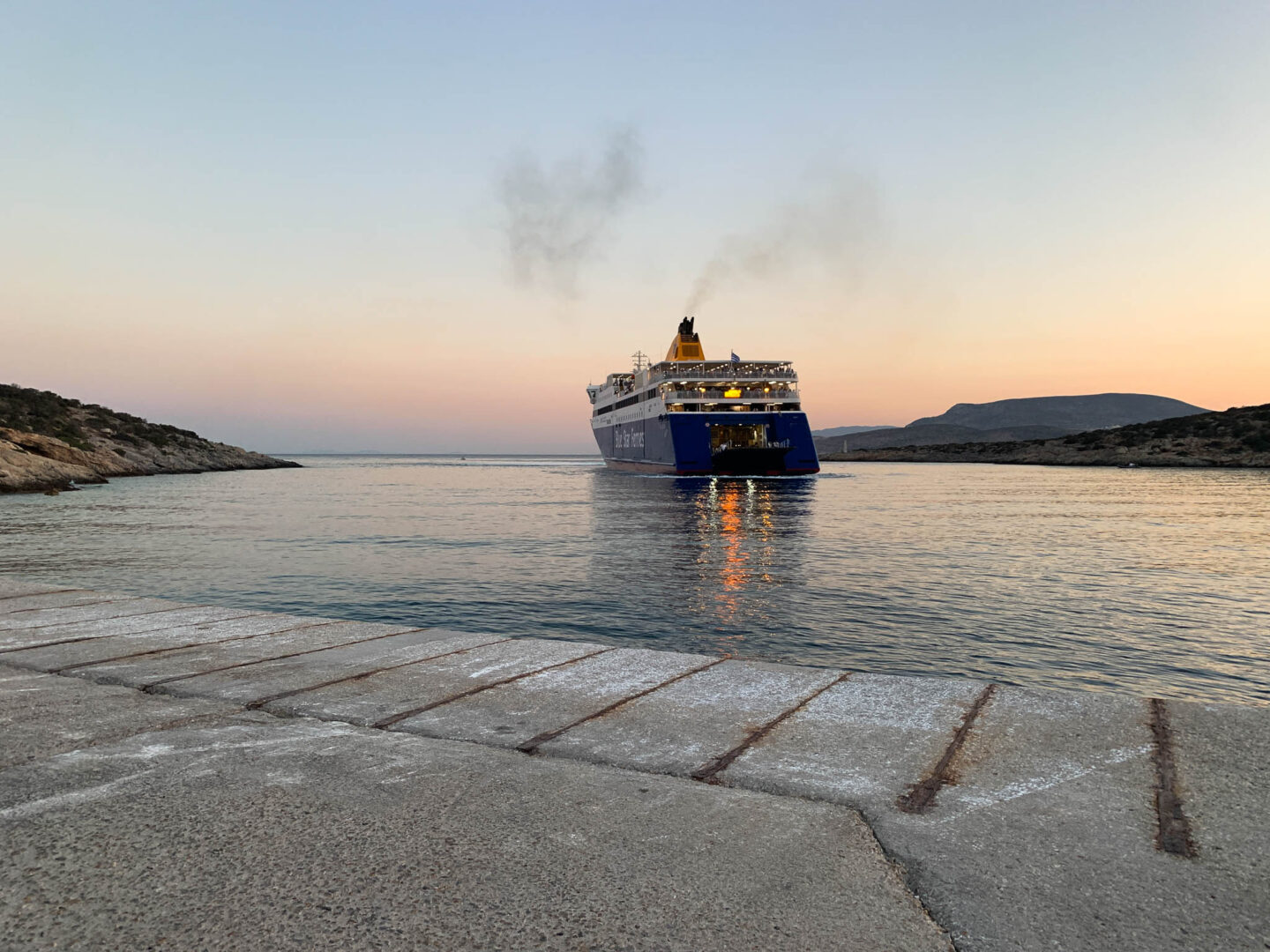 Schinousa ferry boat at dusk