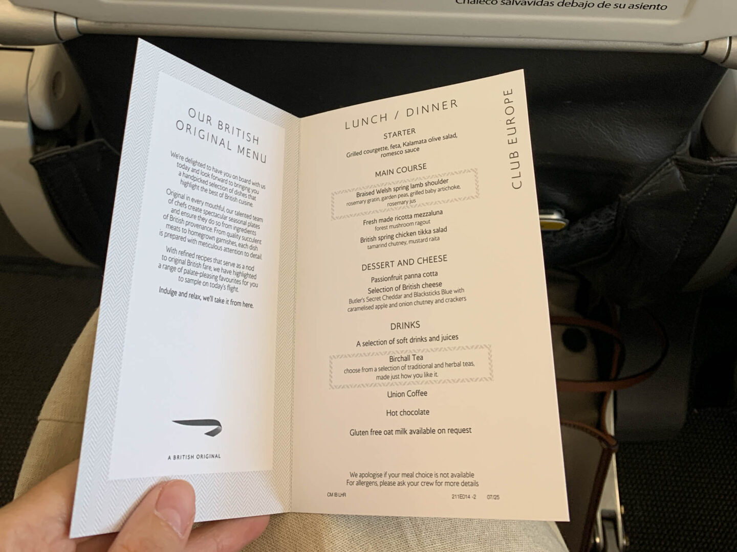 BA Club Europe menu 2